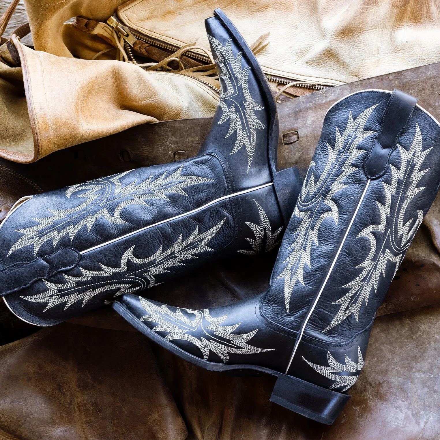 Tina Black & White Flame Embroidered Cowboy Boot